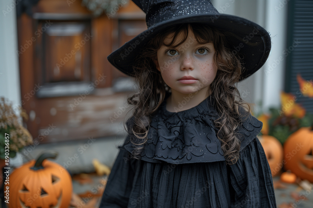 Halloween celebration: child in witch costume. Generative AI Halloween celebration: child in witch costume. Generative AI