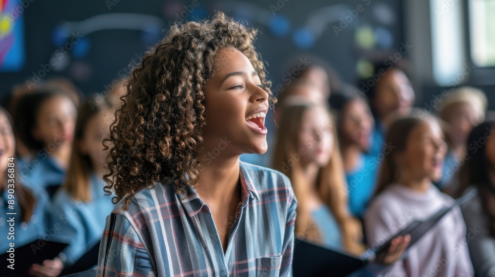 Inspiring Music Educator Leading Choir Practice in Spacious Rehearsal Room with Students Singing in Harmony Inspiring Music Educator Leading Choir Practice in Spacious Rehearsal Room with Students Singing in Harmony