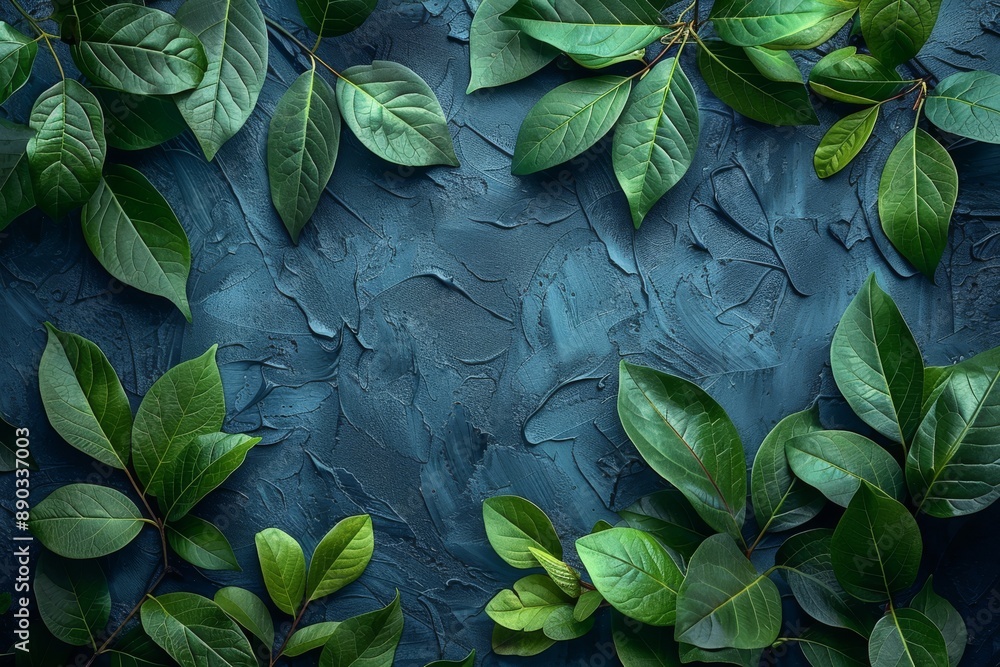 Fototapeta premium Green and black background. Leaves of plants. Generative AI