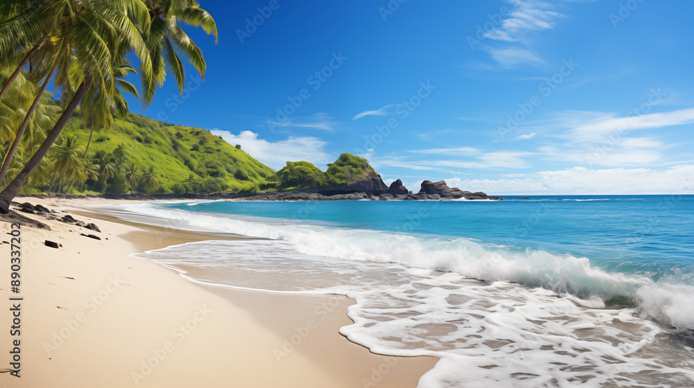 Fototapeta premium Idyllic Beach with Rocky Outcrops and Palm Trees
