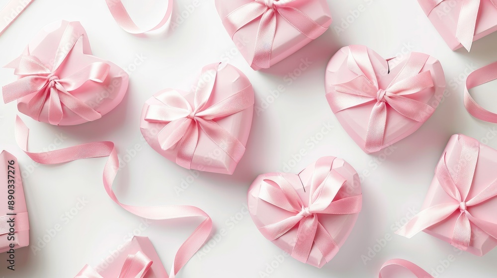Heart shaped pink gift boxes with ribbons on white background top view for Mother s Day or Women s Day Heart shaped pink gift boxes with ribbons on white background top view for Mother s Day or Women s Day