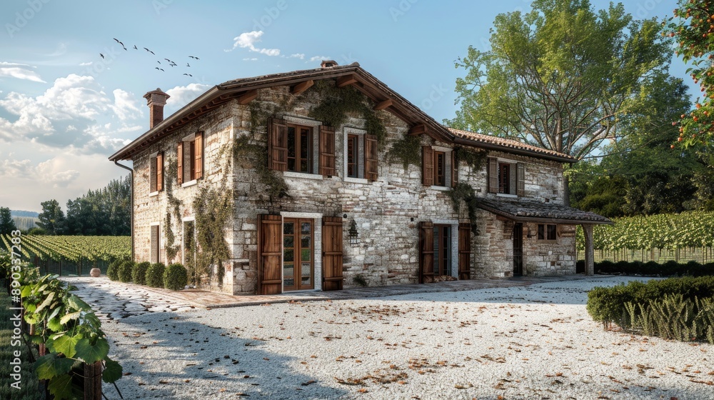 A rustic, stone house with wooden shutters, a gravel driveway, and a vineyard in the background. A rustic, stone house with wooden shutters, a gravel driveway, and a vineyard in the background.