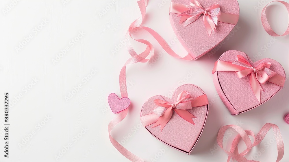 Heart shaped pink gift boxes with ribbons on white background top view for Mother s Day or Women s Day Heart shaped pink gift boxes with ribbons on white background top view for Mother s Day or Women s Day
