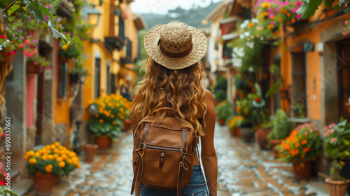 Fototapeta Naklejka Na Ścianę i Meble -  Rear view of a young female tourist in a hat walking through the small streets of the city. Beautiful female traveler enjoying travel outdoors. Adventure and travel concept.