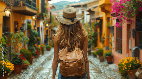 Fototapeta Naklejka Na Ścianę i Meble -  Rear view of a young female tourist in a hat walking through the small streets of the city. Beautiful female traveler enjoying travel outdoors. Adventure and travel concept.