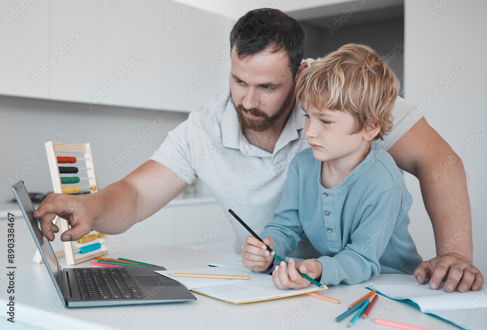 Father, child and tablet for learning at house with virtual classroom, communication and website information. Family, man and kid with digital for online education, creative lesson and development Father, child and tablet for learning at house with virtual classroom, communication and website information. Family, man and kid with digital for online education, creative lesson and development