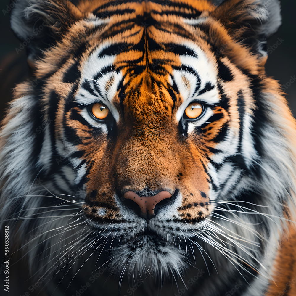 A captivating close-up portrait of a tiger's face, its intense gaze locked onto the camera lens. A captivating close-up portrait of a tiger's face, its intense gaze locked onto the camera lens.