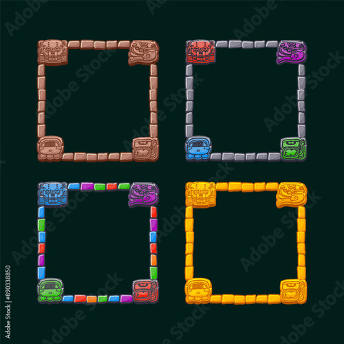 Maya Stone boards, Aztec carton game frames. Cartoon Maya tribal symbols. Ancient granite frame design element. UI objects