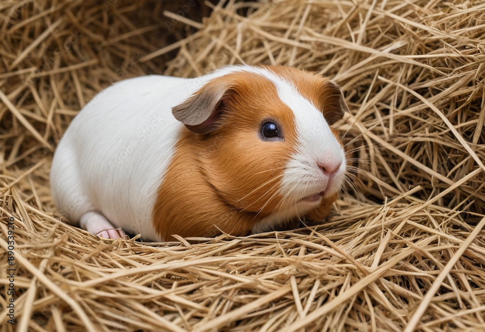 A cuddly guinea pig sleeping peacefully in a hay pile. A cuddly guinea pig sleeping peacefully in a hay pile.
