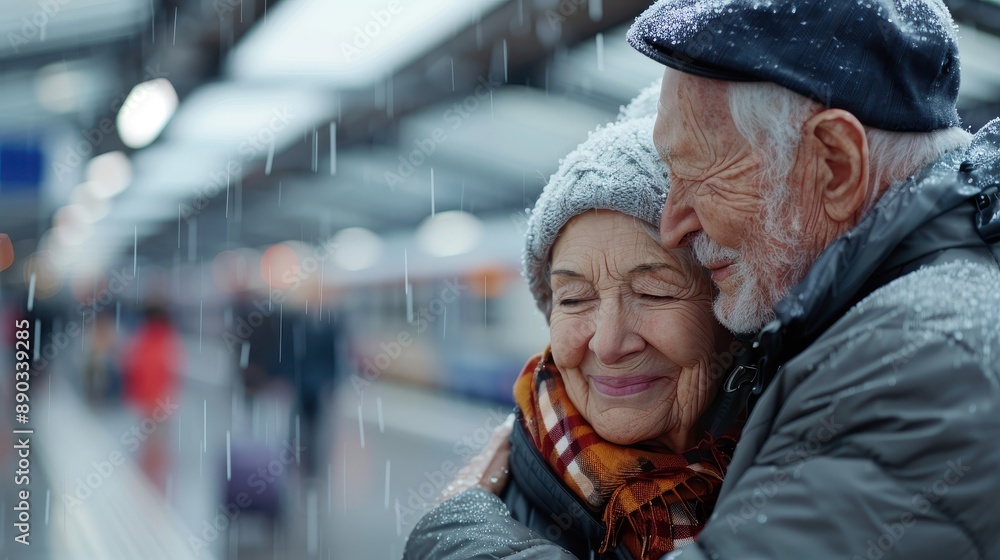 A heartfelt moment captured between an elderly couple embracing warmly at a train station while it rains, their emotions reflecting years of shared love and companionship. A heartfelt moment captured between an elderly couple embracing warmly at a train station while it rains, their emotions reflecting years of shared love and companionship.