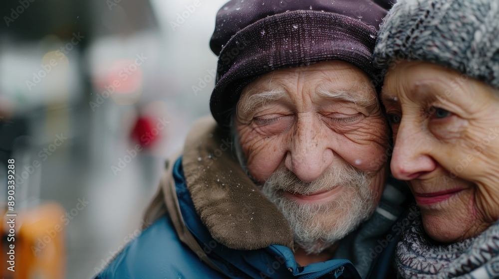 An elderly couple, warmly dressed, share a heartfelt close embrace on a snow-covered day, their expressions reflecting deep affection and cherished memories. An elderly couple, warmly dressed, share a heartfelt close embrace on a snow-covered day, their expressions reflecting deep affection and cherished memories.