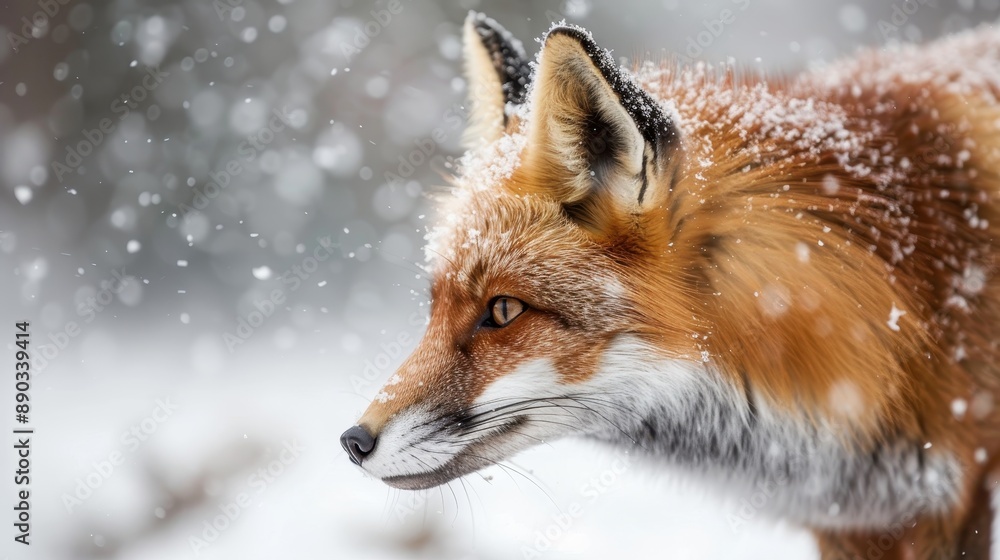 A fox stands attentively in the middle of a snow-covered area, with a focused side profile view. Snowflakes fall around, creating an ethereal and timeless atmosphere. A fox stands attentively in the middle of a snow-covered area, with a focused side profile view. Snowflakes fall around, creating an ethereal and timeless atmosphere.