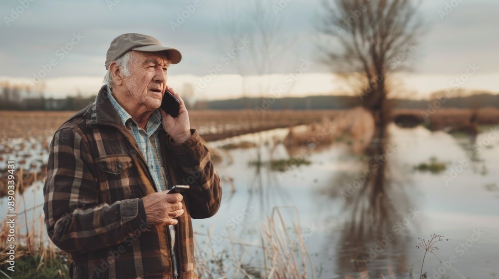 A man is talking on his cell phone while standing in a field A man is talking on his cell phone while standing in a field