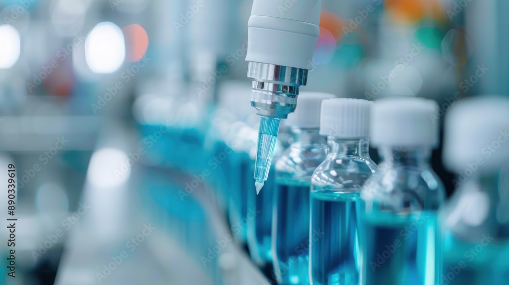 A detailed view of laboratory bottles filled with blue liquid while being processed by a robotic arm, representing modern scientific research and precision. A detailed view of laboratory bottles filled with blue liquid while being processed by a robotic arm, representing modern scientific research and precision.