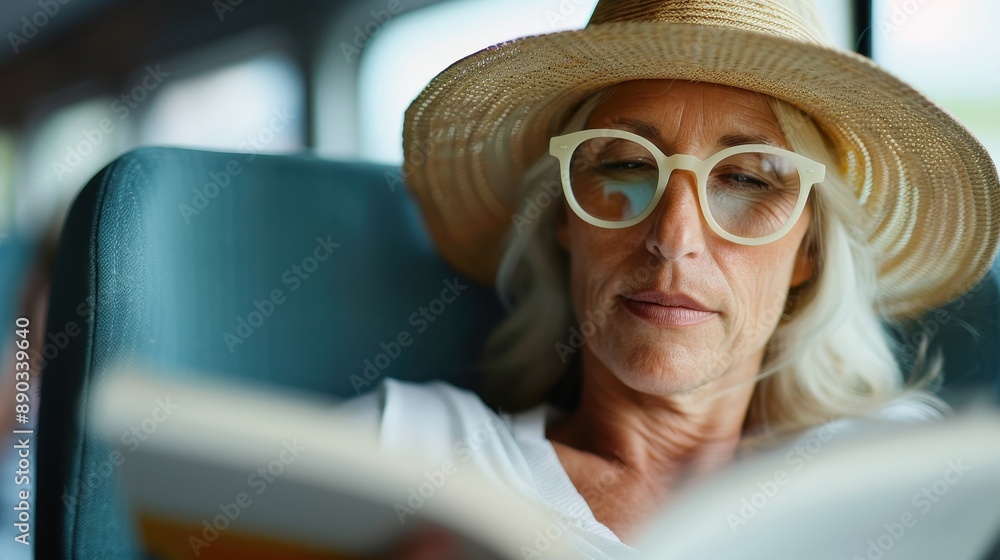 A middle-aged woman, with impeccable style, reads a book while enjoying a sunny train ride, her straw hat providing shade and her demeanor reflecting a serene calmness. A middle-aged woman, with impeccable style, reads a book while enjoying a sunny train ride, her straw hat providing shade and her demeanor reflecting a serene calmness.