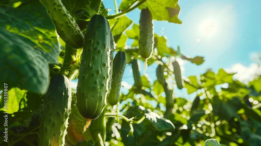 Cucumber plants in a lush garden under sunlight. Concept of organic farming, sustainable agriculture, fresh produce Cucumber plants in a lush garden under sunlight. Concept of organic farming, sustainable agriculture, fresh produce