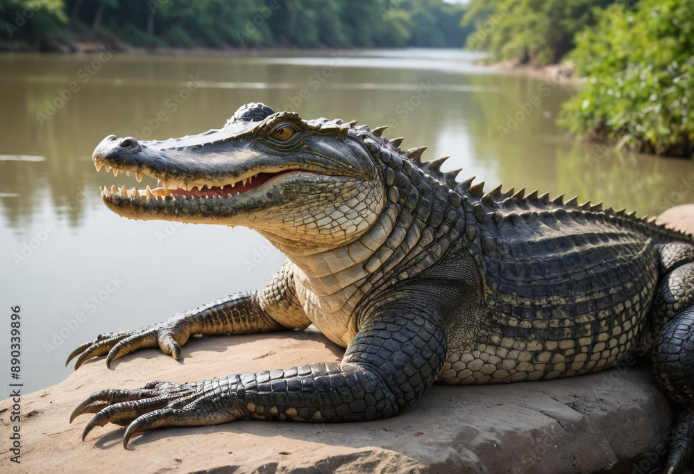 Fototapeta premium A majestic crocodile basking on a riverbank. 