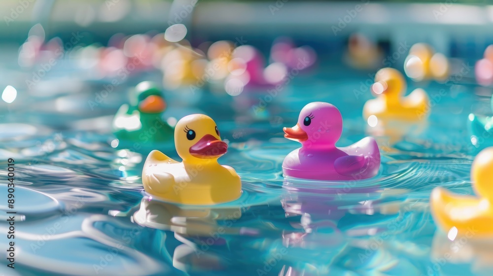 Vibrant rubber ducks in the pool Vibrant rubber ducks in the pool