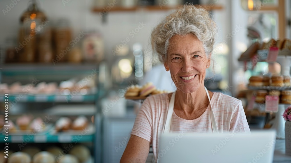 An elderly woman with gray hair, wearing an apron, smiling warmly behind the counter of a cozy bakery filled with delicious pastries and a welcoming ambiance. An elderly woman with gray hair, wearing an apron, smiling warmly behind the counter of a cozy bakery filled with delicious pastries and a welcoming ambiance.