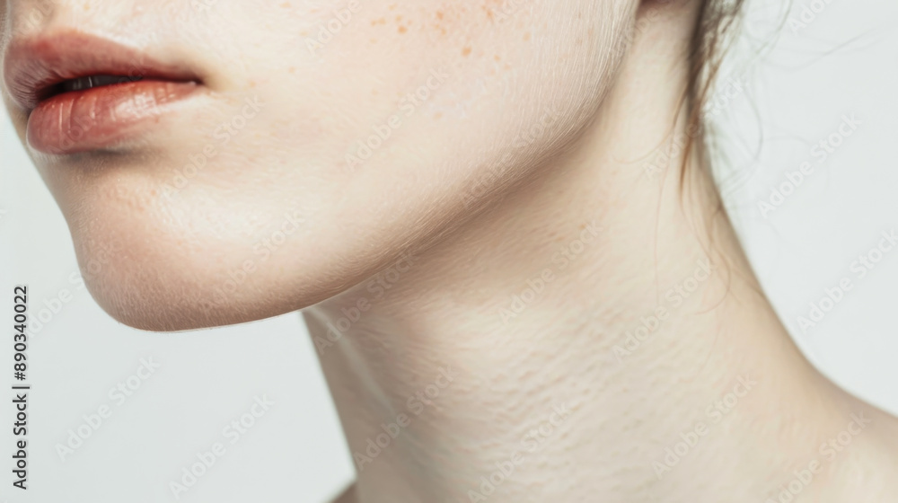 Obraz premium Close-up of a young model's face with clear smooth skin on a white background. Concept of beauty, naturalness, skin care.