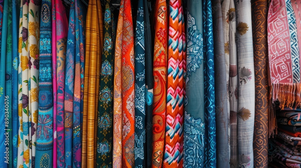 Vibrant soft fabrics in a full frame display at an Egyptian street bazaar Vibrant soft fabrics in a full frame display at an Egyptian street bazaar
