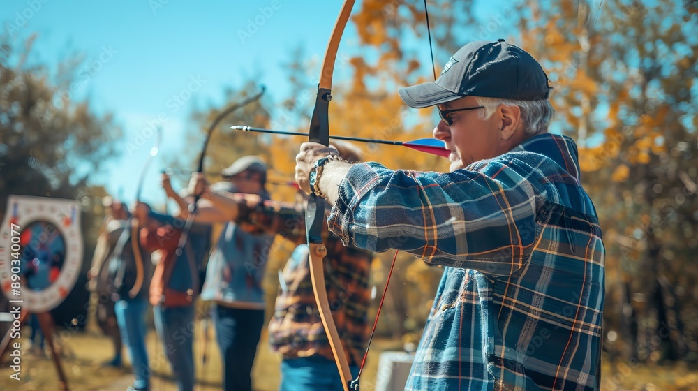 Naklejka premium White man aiming longbow at archery range during outdoor archery competition. Concept of sport, target shooting, precision, outdoor activity
