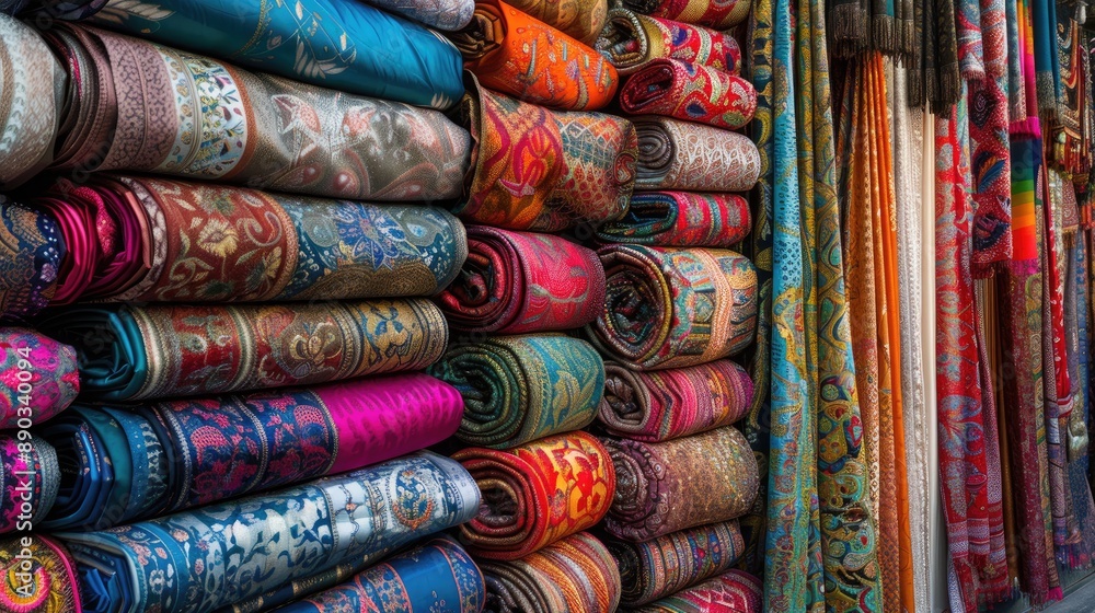 Vibrant soft fabrics in a full frame display at an Egyptian street bazaar Vibrant soft fabrics in a full frame display at an Egyptian street bazaar