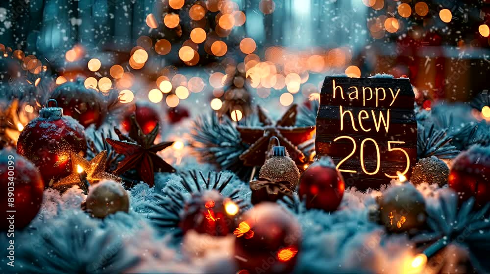 A snowy christmas and happy new year 2025 lights and decorations. seamless looping time-lapse virtual 4k video animation A snowy christmas and happy new year 2025 lights and decorations. seamless looping time-lapse virtual 4k video animation