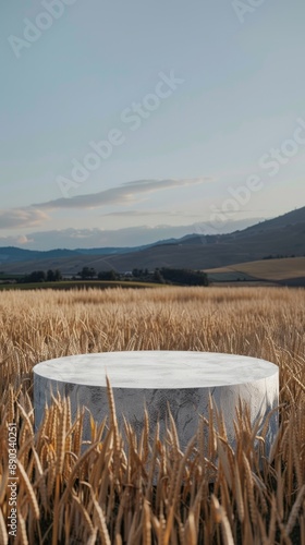 Round Podium with Wheat Field Background