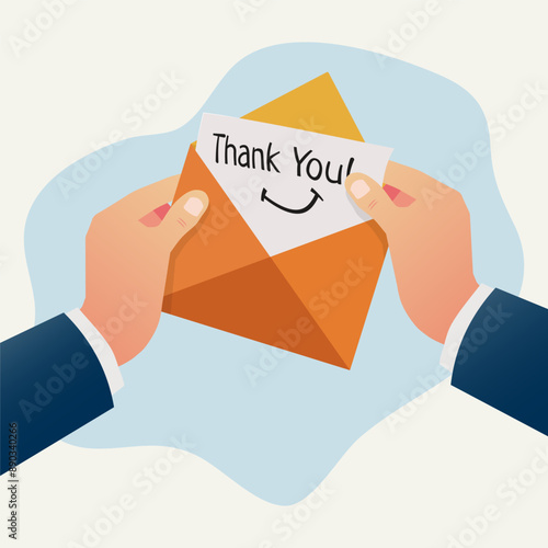 Hand opening the yellow envelope with thank you letter design vector illustration