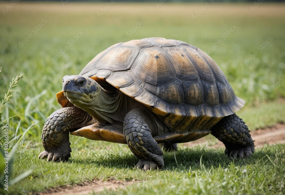 A majestic tortoise lumbering through a field. A majestic tortoise lumbering through a field.
