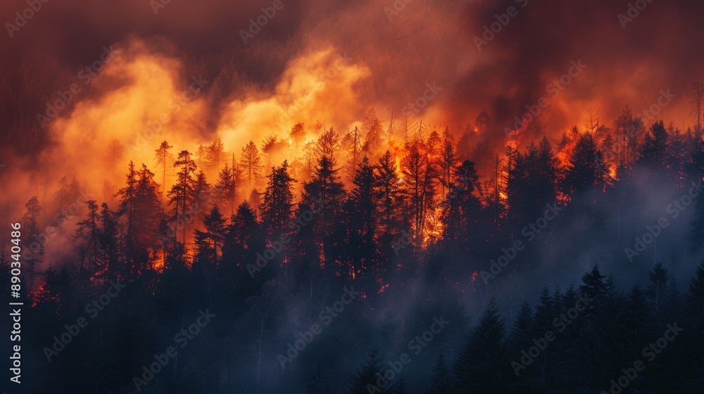 A forest fire is raging through a wooded area, with smoke