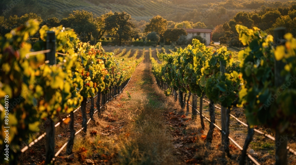 Fototapeta premium A row of grape vines with a house in the background