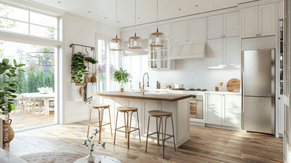 Fototapeta premium Modern Kitchen with Island and Patio View