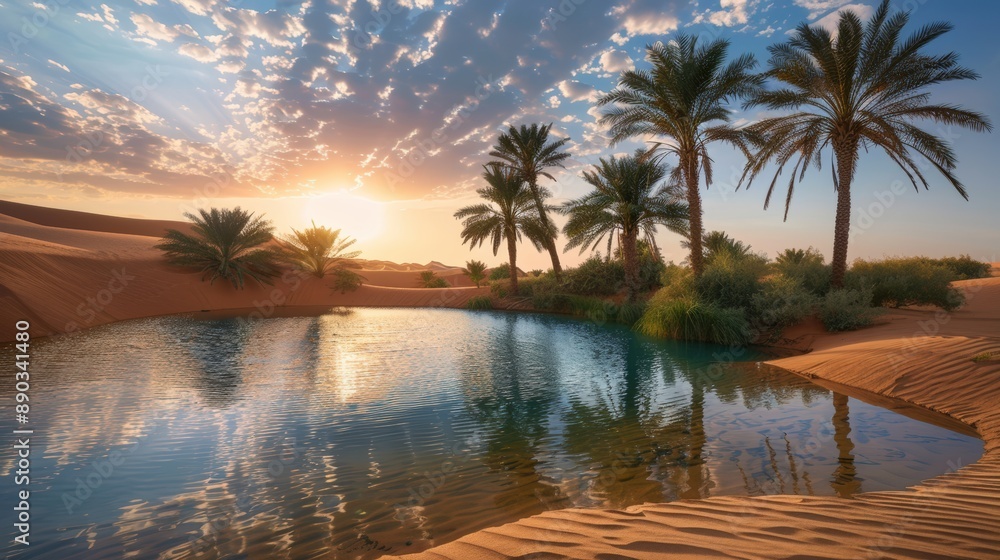 Obraz premium A beautiful sunset over a body of water with palm trees in the background