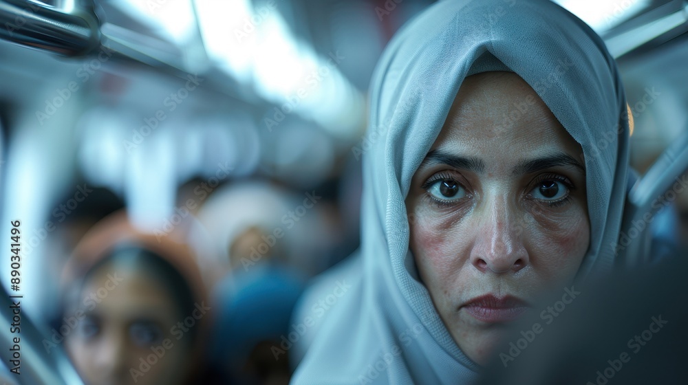 A woman wearing a grey headscarf appears serene despite the crowded and blurry background of a packed subway car, highlighting calmness within chaos. A woman wearing a grey headscarf appears serene despite the crowded and blurry background of a packed subway car, highlighting calmness within chaos.