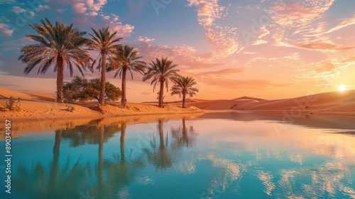 A beautiful sunset over a body of water with palm trees in the background