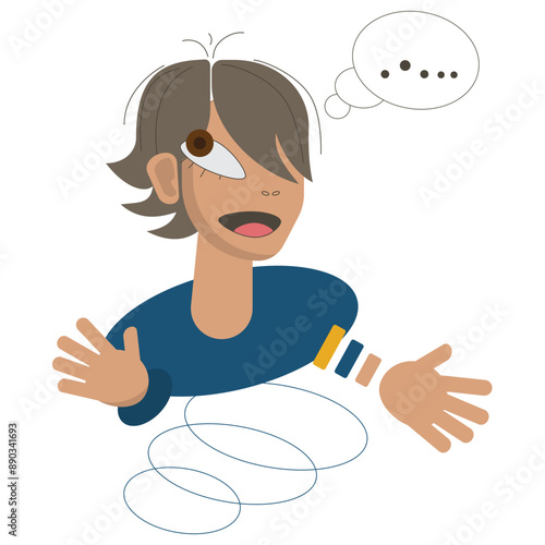 A laughing boy in a blue sweater, waving arms around and talk