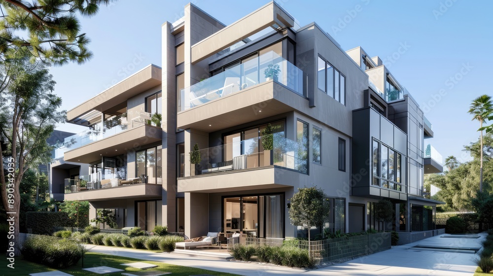 A sleek, modern townhouse with a grey exterior, large glass balconies, and a rooftop terrace. A sleek, modern townhouse with a grey exterior, large glass balconies, and a rooftop terrace.