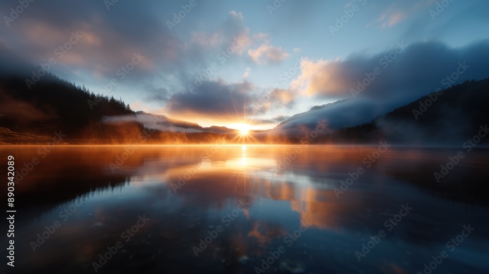 Fototapeta premium A breathtaking morning sun rises over a still lake with a misty horizon, creating a warm reflective surface and highlighting the silence and beauty of the natural surroundings.