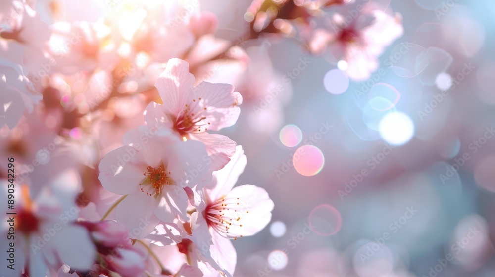 Detailed closeup of cherry blossoms with soft focus and bokeh light spots, showcasing the delicate petals and vibrant pink colors, emblematic of spring's beauty and renewal. Detailed closeup of cherry blossoms with soft focus and bokeh light spots, showcasing the delicate petals and vibrant pink colors, emblematic of spring's beauty and renewal.