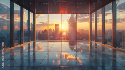 Empty office in Business center with many glasses window