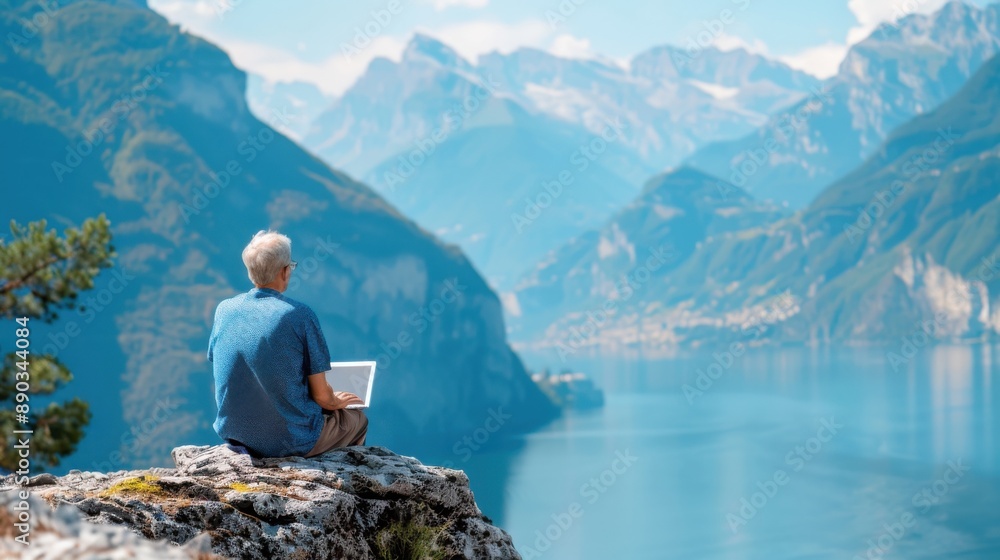 Fototapeta premium Man working on a laptop in a scenic outdoor setting, digital nomad, work from anywhere