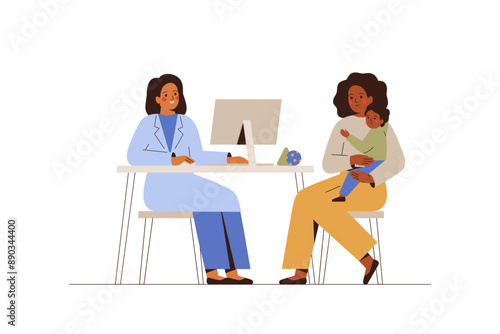 Pediatric diagnostic and consultation for mother with child. Woman with small son visit doctor for medical exam. African American Baby with his parent at appointment in hospital. Vector illustration