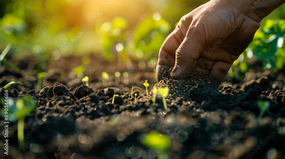 Fototapeta premium Close-up of an experienced farmer's hand planting seeds in fertile soil at sunset. A man agronomist checks the quality of the soil in an agricultural field. Gardening concept. Agriculture.