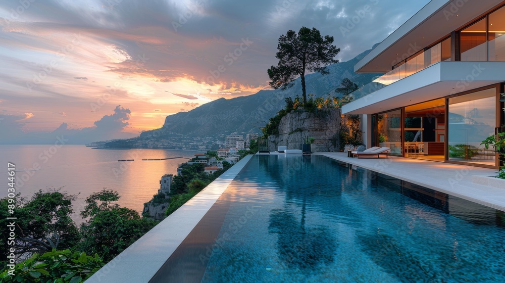 Fototapeta premium Luxury cliffside house with infinity pool - generative ai