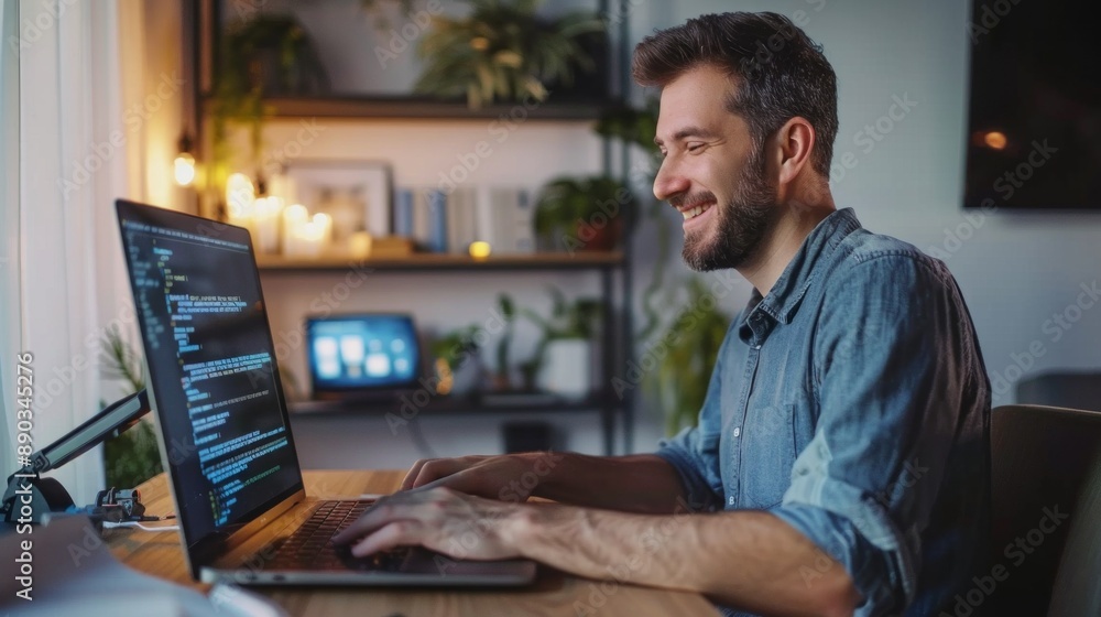 A man is sitting at a desk with a laptop open A man is sitting at a desk with a laptop open