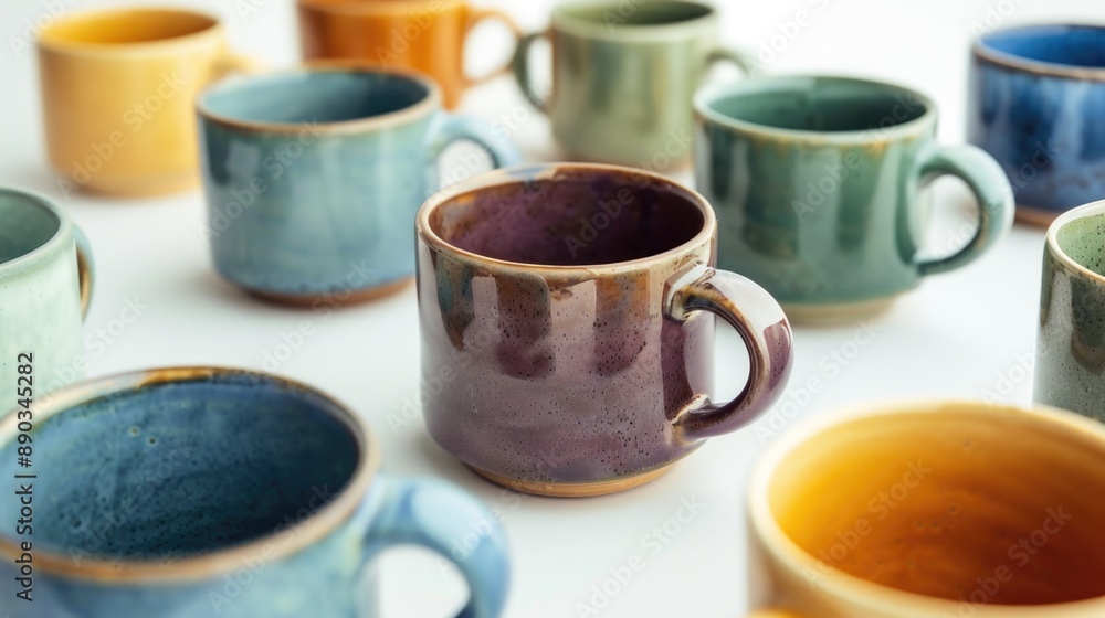 Ceramic mugs of different colors and shapes on a white background. Ceramic mugs of different colors and shapes on a white background.