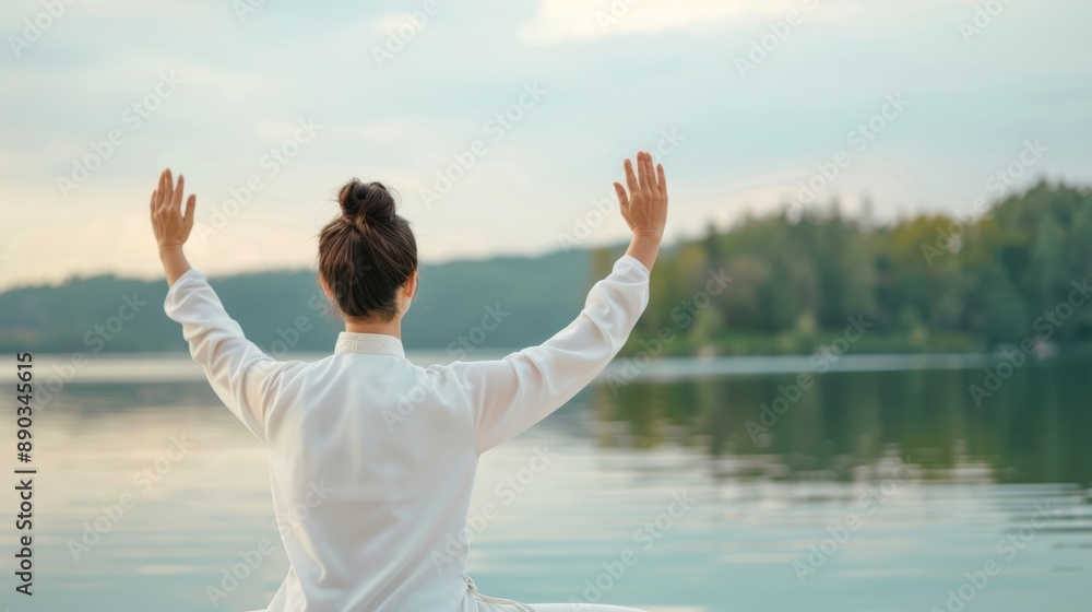 Woman in white practices meditation by a serene lake, surrounded by nature, embracing mindfulness and peacefulness in a tranquil environment. Woman in white practices meditation by a serene lake, surrounded by nature, embracing mindfulness and peacefulness in a tranquil environment.