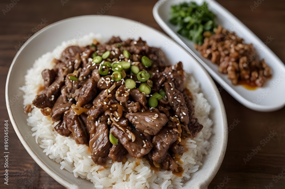 Korean bulgogi beef with rice.
Korean bulgogi beef with rice.